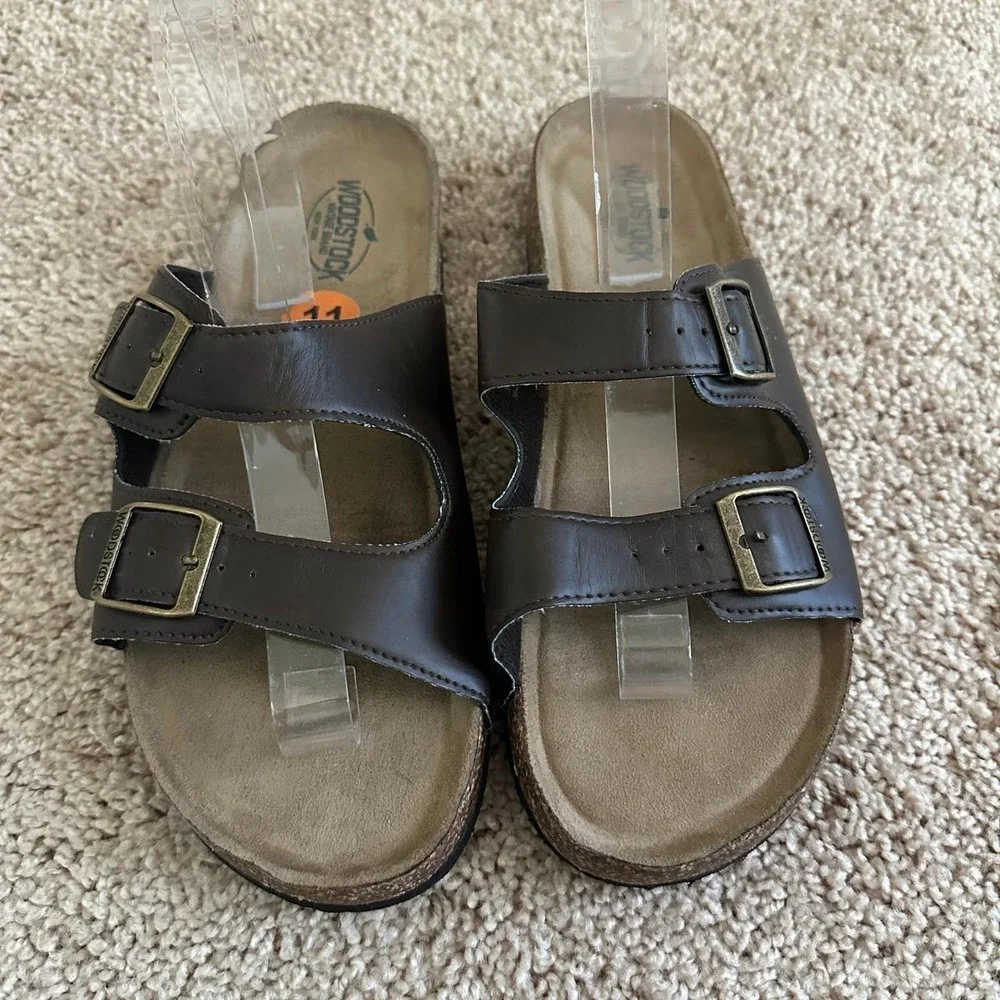 Woodstock Sandals Men 11 Brown Double Buckle Strap Cork Slide Comfort Shoes
